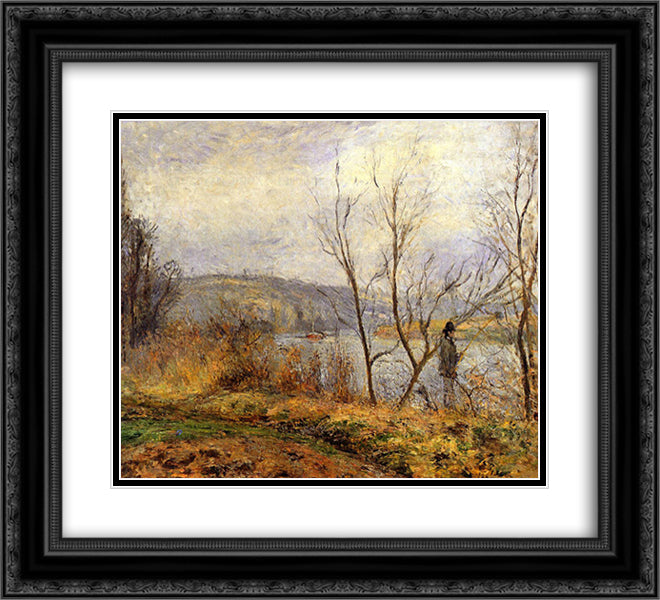The Banks of the Oise, Pontoise (also known as Man Fishing) 22x20 Black Ornate Wood Framed Art Print Poster with Double Matting by Pissarro, Camille