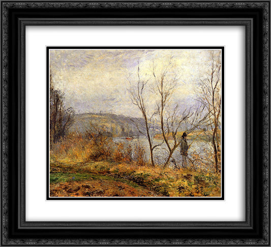 The Banks of the Oise, Pontoise (also known as Man Fishing) 22x20 Black Ornate Wood Framed Art Print Poster with Double Matting by Pissarro, Camille