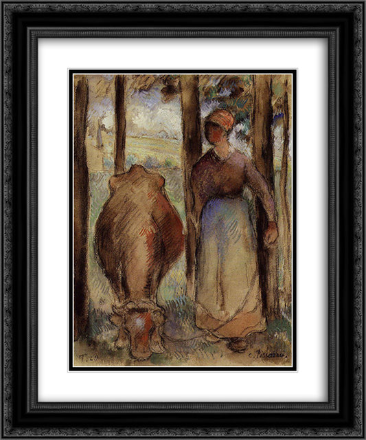 The Cowherd 20x24 Black Ornate Wood Framed Art Print Poster with Double Matting by Pissarro, Camille