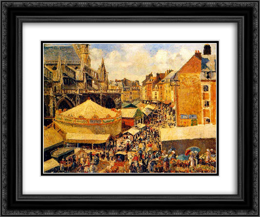 The Fair in Dieppe, Sunny Morning 24x20 Black Ornate Wood Framed Art Print Poster with Double Matting by Pissarro, Camille
