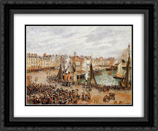 The Fishmarket, Dieppe, Grey Weather, Morning 24x20 Black Ornate Wood Framed Art Print Poster with Double Matting by Pissarro, Camille