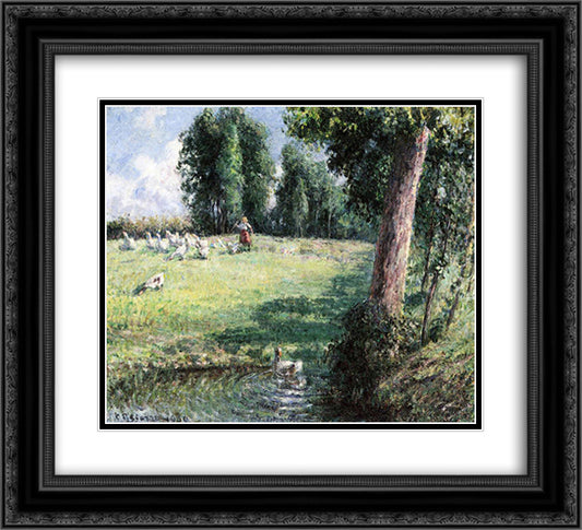 The Goose Girl 22x20 Black Ornate Wood Framed Art Print Poster with Double Matting by Pissarro, Camille