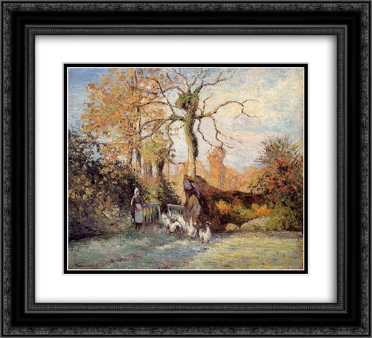 The Goose Girl at Montfoucault, White Frost 22x20 Black Ornate Wood Framed Art Print Poster with Double Matting by Pissarro, Camille