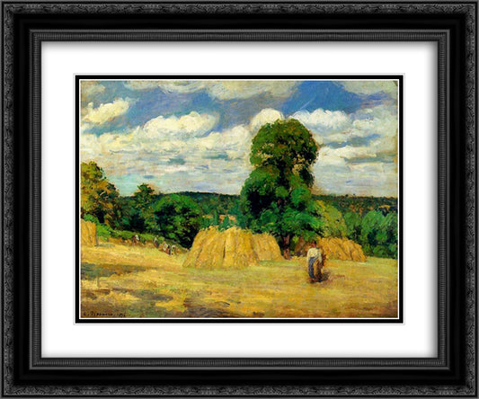 The Harvest at Montfoucault 24x20 Black Ornate Wood Framed Art Print Poster with Double Matting by Pissarro, Camille
