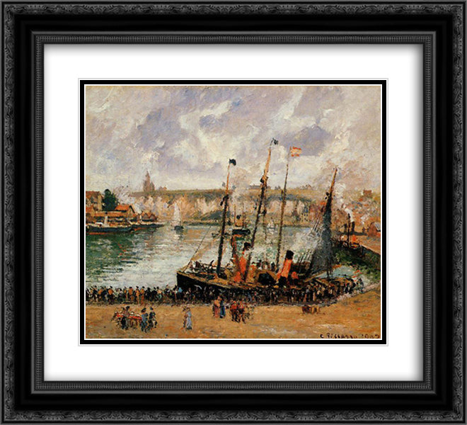 The Inner Harbor, Dpeppe, High Tide, Morning, Grey Weather 22x20 Black Ornate Wood Framed Art Print Poster with Double Matting by Pissarro, Camille