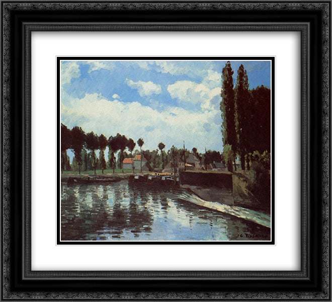 The Lock at Pontoise 22x20 Black Ornate Wood Framed Art Print Poster with Double Matting by Pissarro, Camille