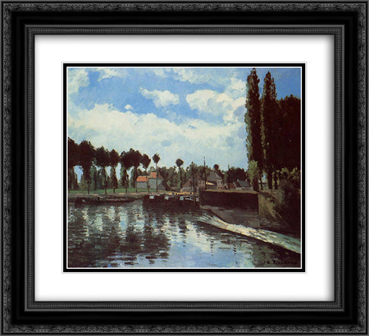 The Lock at Pontoise 22x20 Black Ornate Wood Framed Art Print Poster with Double Matting by Pissarro, Camille