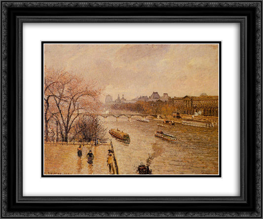 The Louvre, Afternoon, Rainy Weather 24x20 Black Ornate Wood Framed Art Print Poster with Double Matting by Pissarro, Camille
