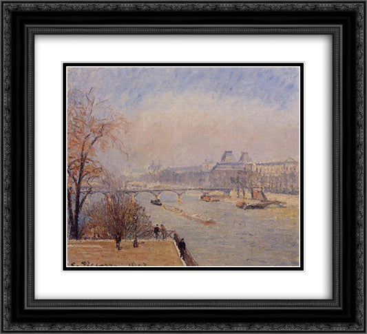 The Louvre, March Mist 22x20 Black Ornate Wood Framed Art Print Poster with Double Matting by Pissarro, Camille
