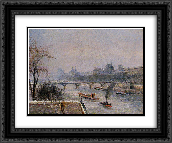 The Louvre, Morning, Snow Effect 24x20 Black Ornate Wood Framed Art Print Poster with Double Matting by Pissarro, Camille