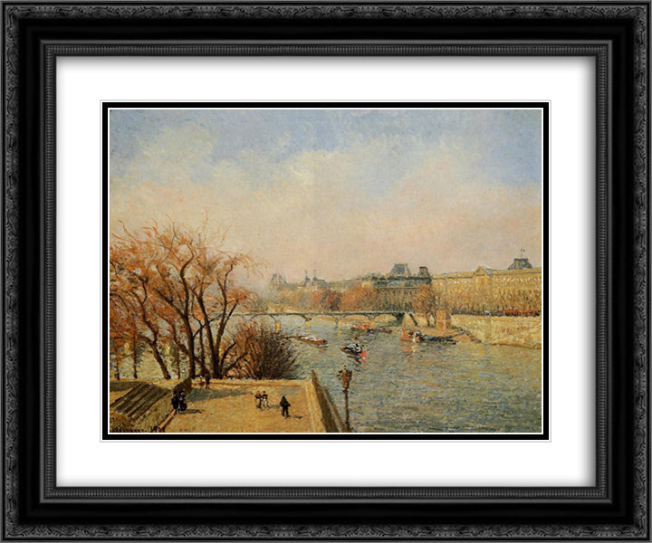 The Louvre, Morning, Sun 24x20 Black Ornate Wood Framed Art Print Poster with Double Matting by Pissarro, Camille