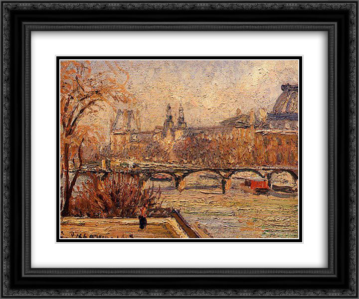 The Louvre, Morning 24x20 Black Ornate Wood Framed Art Print Poster with Double Matting by Pissarro, Camille