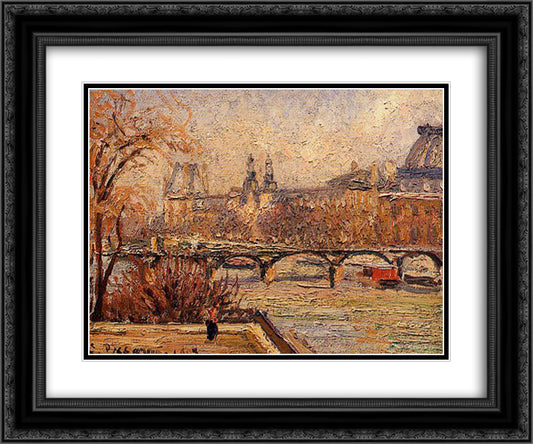 The Louvre, Morning 24x20 Black Ornate Wood Framed Art Print Poster with Double Matting by Pissarro, Camille