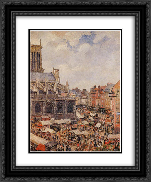 The Market Surrounding the Church of Saint-Jacques, Dieppe 20x24 Black Ornate Wood Framed Art Print Poster with Double Matting by Pissarro, Camille