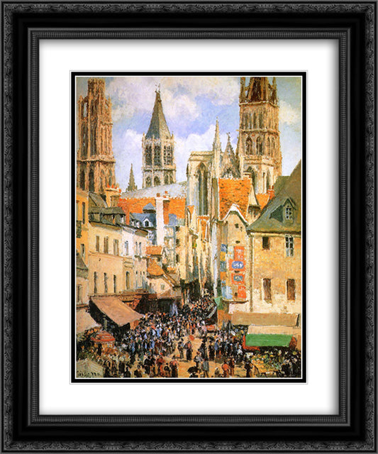 The old market at Rouen 20x24 Black Ornate Wood Framed Art Print Poster with Double Matting by Pissarro, Camille