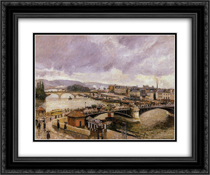 The Pont Boieldieu, Rouen, Rain Effect 24x20 Black Ornate Wood Framed Art Print Poster with Double Matting by Pissarro, Camille