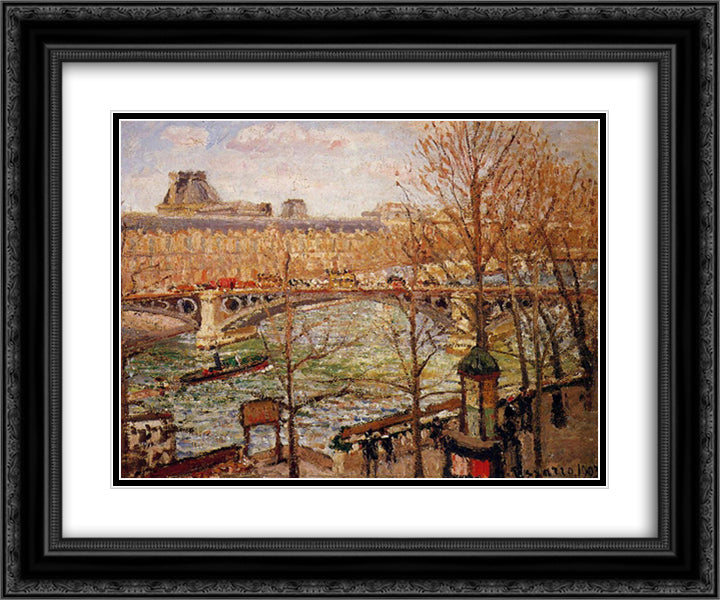 The Pont du Carrousel, Afternoon 24x20 Black Ornate Wood Framed Art Print Poster with Double Matting by Pissarro, Camille