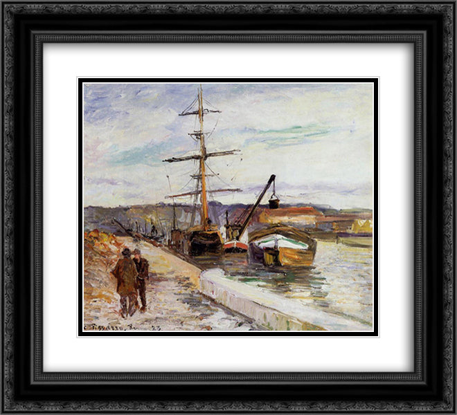The Port of Rouen 22x20 Black Ornate Wood Framed Art Print Poster with Double Matting by Pissarro, Camille