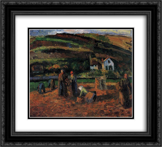 The Potato Harvest 22x20 Black Ornate Wood Framed Art Print Poster with Double Matting by Pissarro, Camille