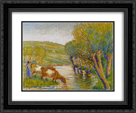 The river and willows, Eragny 24x20 Black Ornate Wood Framed Art Print Poster with Double Matting by Pissarro, Camille