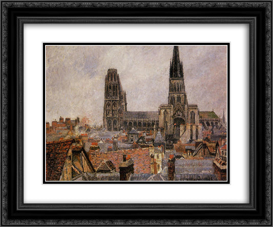 The Roofs of Old Rouen Grey Weather 24x20 Black Ornate Wood Framed Art Print Poster with Double Matting by Pissarro, Camille
