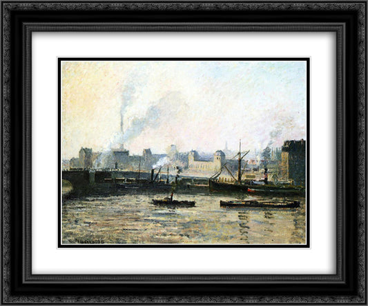 The Saint Sever Bridge at Rouen, Fog 24x20 Black Ornate Wood Framed Art Print Poster with Double Matting by Pissarro, Camille