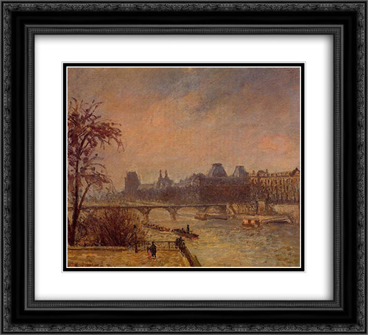 The Seine and the Louvre, Paris 22x20 Black Ornate Wood Framed Art Print Poster with Double Matting by Pissarro, Camille