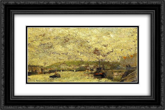 The Seine at Rouen 24x16 Black Ornate Wood Framed Art Print Poster with Double Matting by Pissarro, Camille