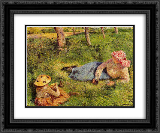 The Snack, Child and Young peasant at Rest 24x20 Black Ornate Wood Framed Art Print Poster with Double Matting by Pissarro, Camille