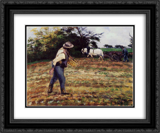The Sower, Montfoucault 24x20 Black Ornate Wood Framed Art Print Poster with Double Matting by Pissarro, Camille