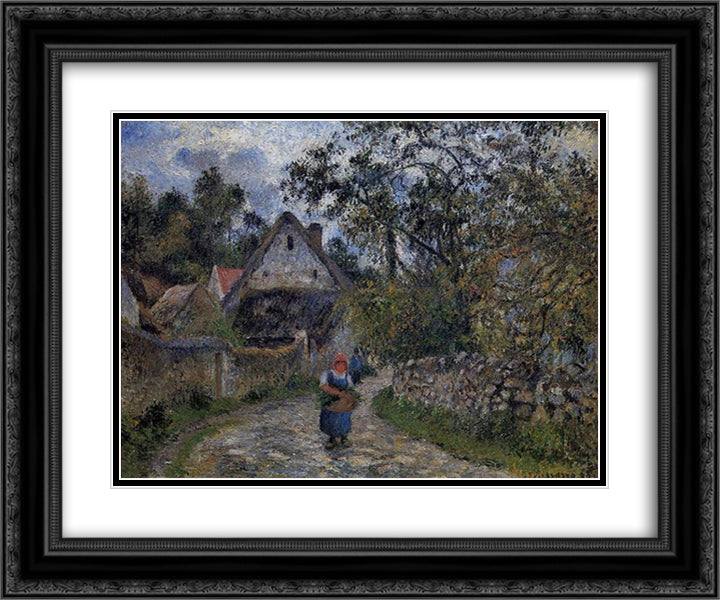 The village path - thatched cottages in Valhermeil 24x20 Black Ornate Wood Framed Art Print Poster with Double Matting by Pissarro, Camille