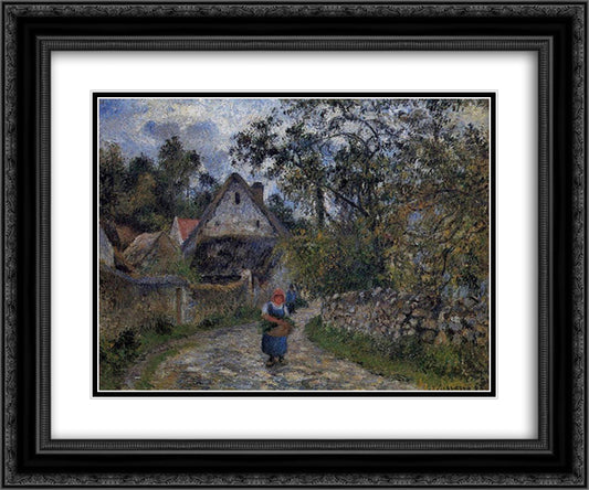 The village path - thatched cottages in Valhermeil 24x20 Black Ornate Wood Framed Art Print Poster with Double Matting by Pissarro, Camille