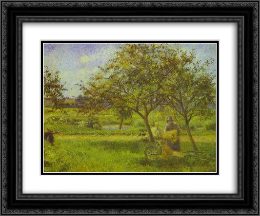 The Wheelbarrow, Orchard 24x20 Black Ornate Wood Framed Art Print Poster with Double Matting by Pissarro, Camille