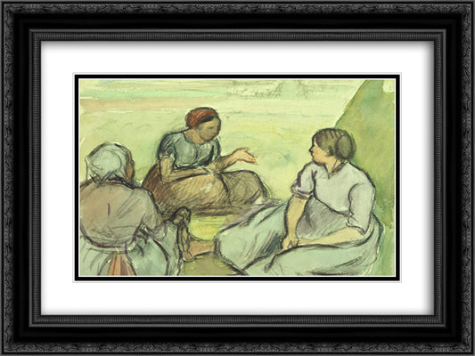 Three Peasant Women 24x18 Black Ornate Wood Framed Art Print Poster with Double Matting by Pissarro, Camille