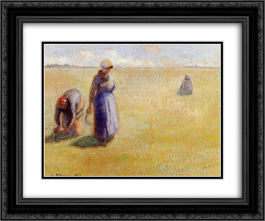 Three Women Cutting Grass 24x20 Black Ornate Wood Framed Art Print Poster with Double Matting by Pissarro, Camille
