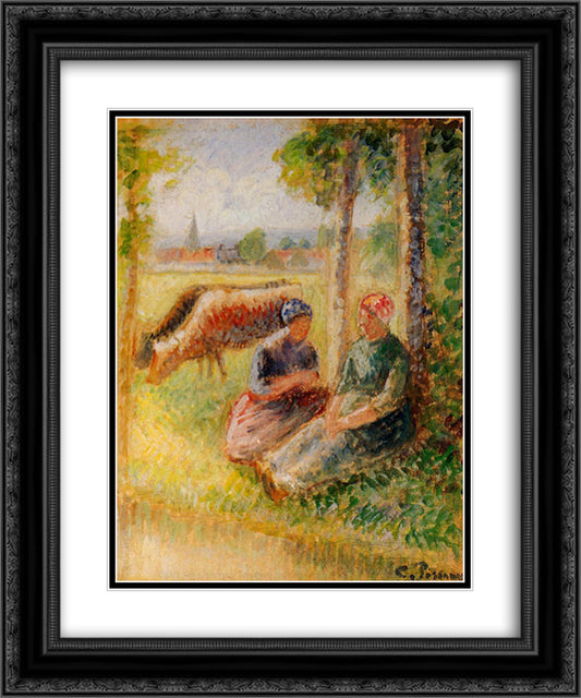 Two Cowherds by the River 20x24 Black Ornate Wood Framed Art Print Poster with Double Matting by Pissarro, Camille