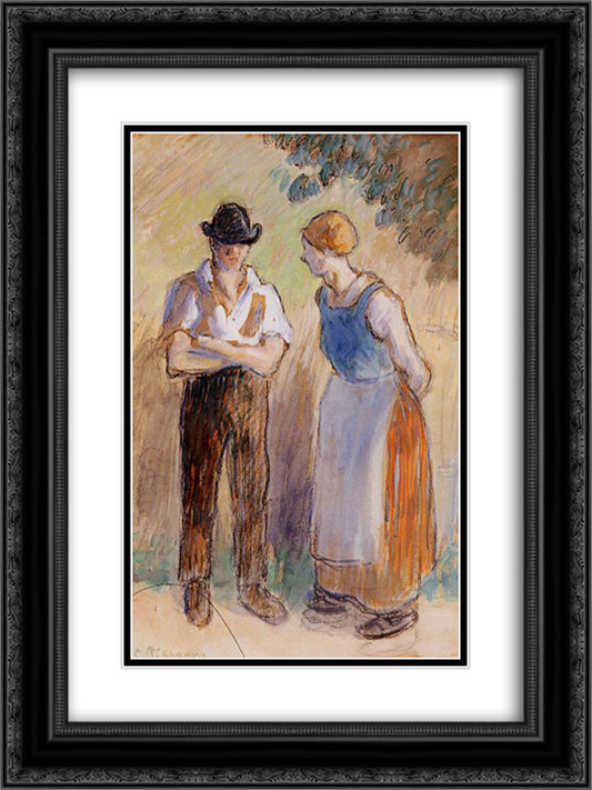 Two Peasants 18x24 Black Ornate Wood Framed Art Print Poster with Double Matting by Pissarro, Camille