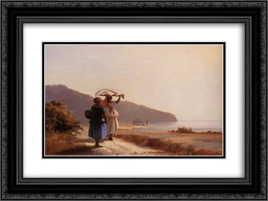 Two Woman Chatting by the Sea, St. Thomas 24x18 Black Ornate Wood Framed Art Print Poster with Double Matting by Pissarro, Camille
