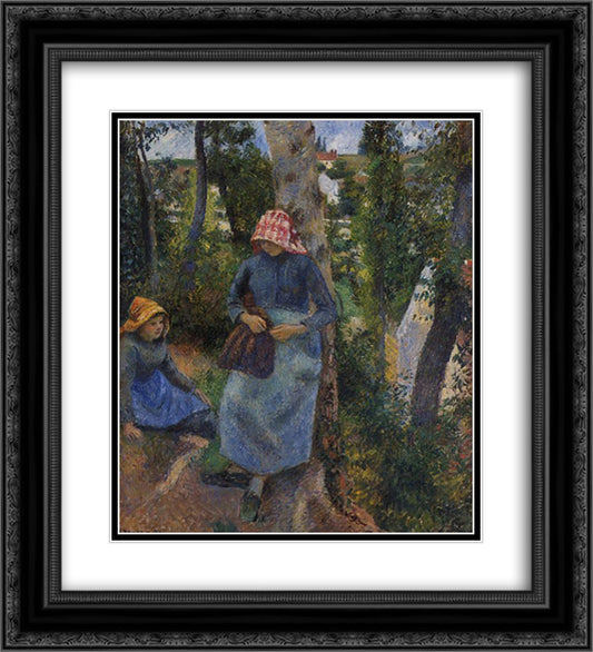 Two Young Peasants Chatting under the Trees 20x22 Black Ornate Wood Framed Art Print Poster with Double Matting by Pissarro, Camille