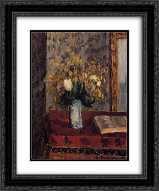 Vase of Flowers, Tulips and Garnets 20x24 Black Ornate Wood Framed Art Print Poster with Double Matting by Pissarro, Camille