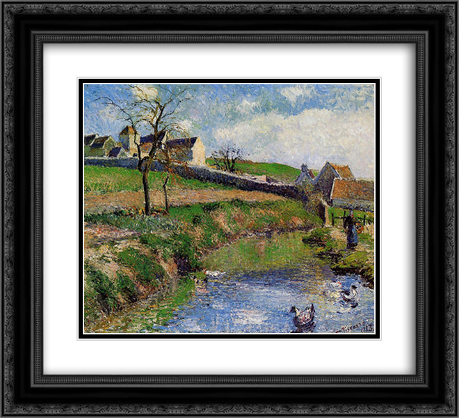 View of a Farm in Osny 22x20 Black Ornate Wood Framed Art Print Poster with Double Matting by Pissarro, Camille