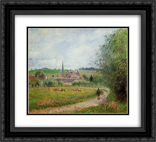 View of Eragny 22x20 Black Ornate Wood Framed Art Print Poster with Double Matting by Pissarro, Camille