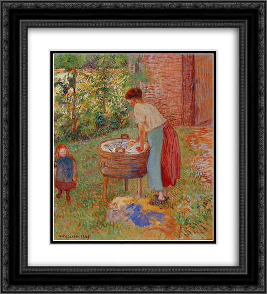 Washerwoman, Eragny 20x22 Black Ornate Wood Framed Art Print Poster with Double Matting by Pissarro, Camille