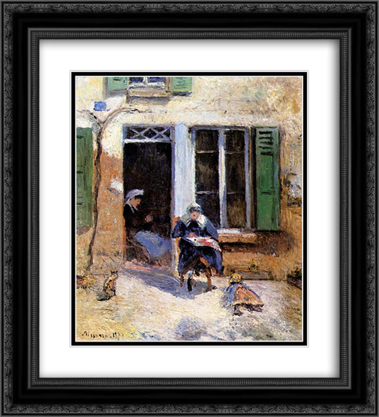 Woman and Child Doing Needlework 20x22 Black Ornate Wood Framed Art Print Poster with Double Matting by Pissarro, Camille