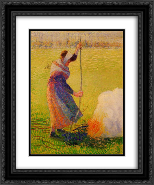 Woman Burning Wood 20x24 Black Ornate Wood Framed Art Print Poster with Double Matting by Pissarro, Camille