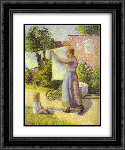 Woman Hanging up the Washing 20x24 Black Ornate Wood Framed Art Print Poster with Double Matting by Pissarro, Camille