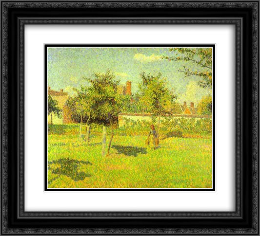 Woman in an Orchard, Spring Sunshine in a Field, Eragny 22x20 Black Ornate Wood Framed Art Print Poster with Double Matting by Pissarro, Camille