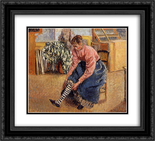 Woman Putting on Her Stockings 22x20 Black Ornate Wood Framed Art Print Poster with Double Matting by Pissarro, Camille