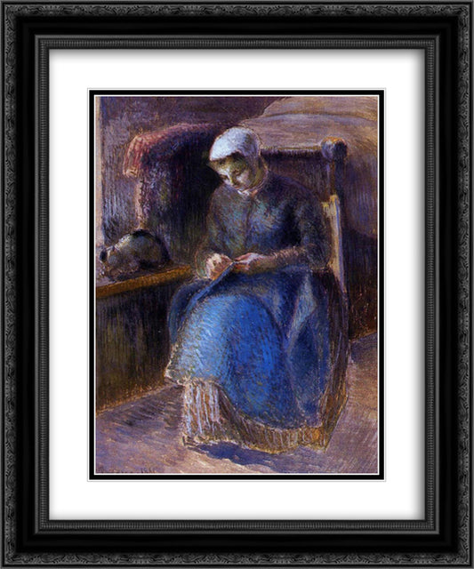 Woman Sewing 20x24 Black Ornate Wood Framed Art Print Poster with Double Matting by Pissarro, Camille