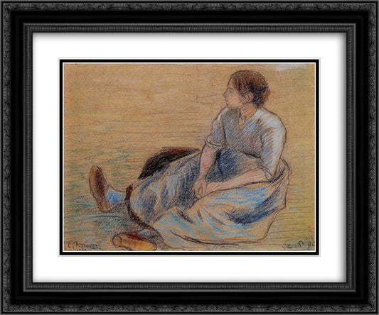 Woman Sitting on the Floor 24x20 Black Ornate Wood Framed Art Print Poster with Double Matting by Pissarro, Camille